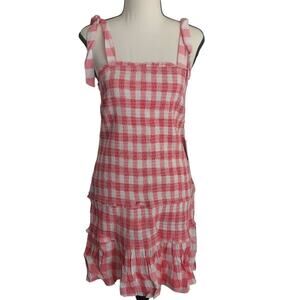 Sincerely Jules Smocked Gingham Red Mini Dress w/  Scrunchie Size Large NWT